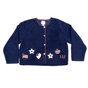 Christopher & Banks Button Up Sweater Navy Blue Patriotic Flag Star Women's XL